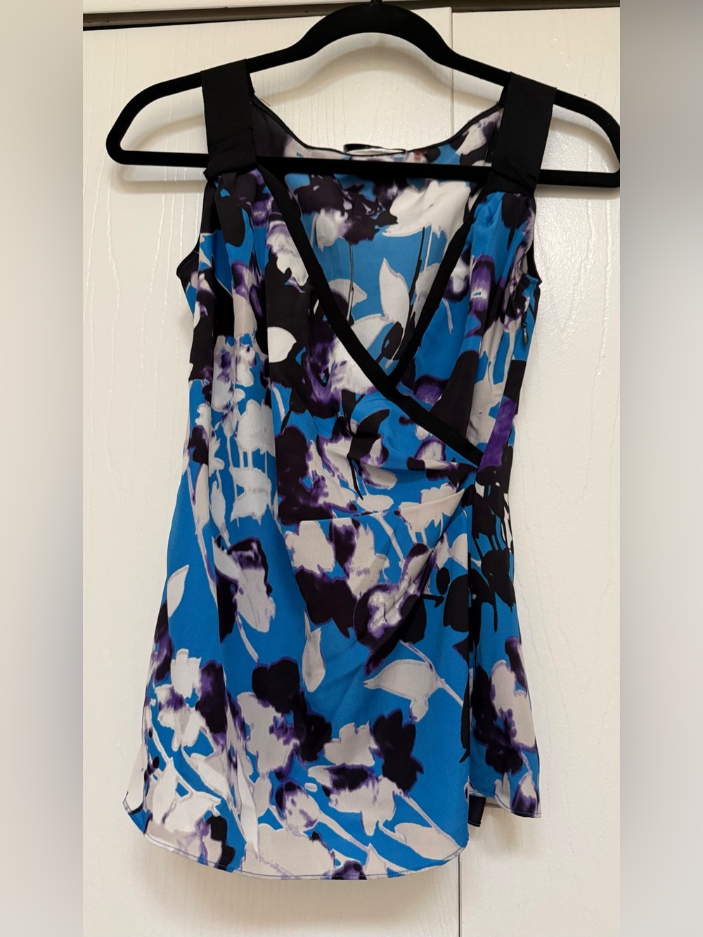 T Tahari Blue and Purple Floral Wrap-Style top
